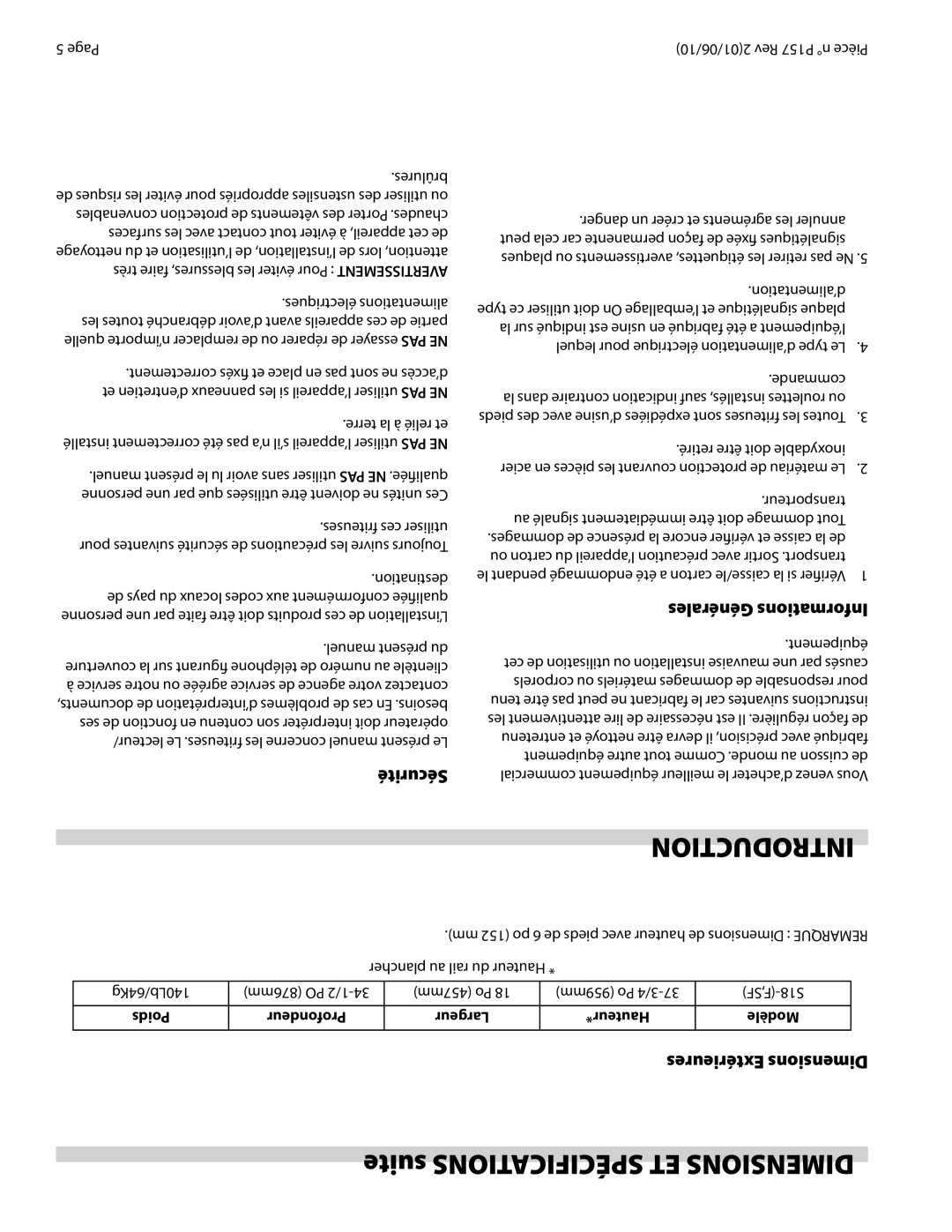 Garland S18SF operation manual Suite Spécifications ET Dimensions, Sécurité, Générales Informations, Extérieures Dimensions 