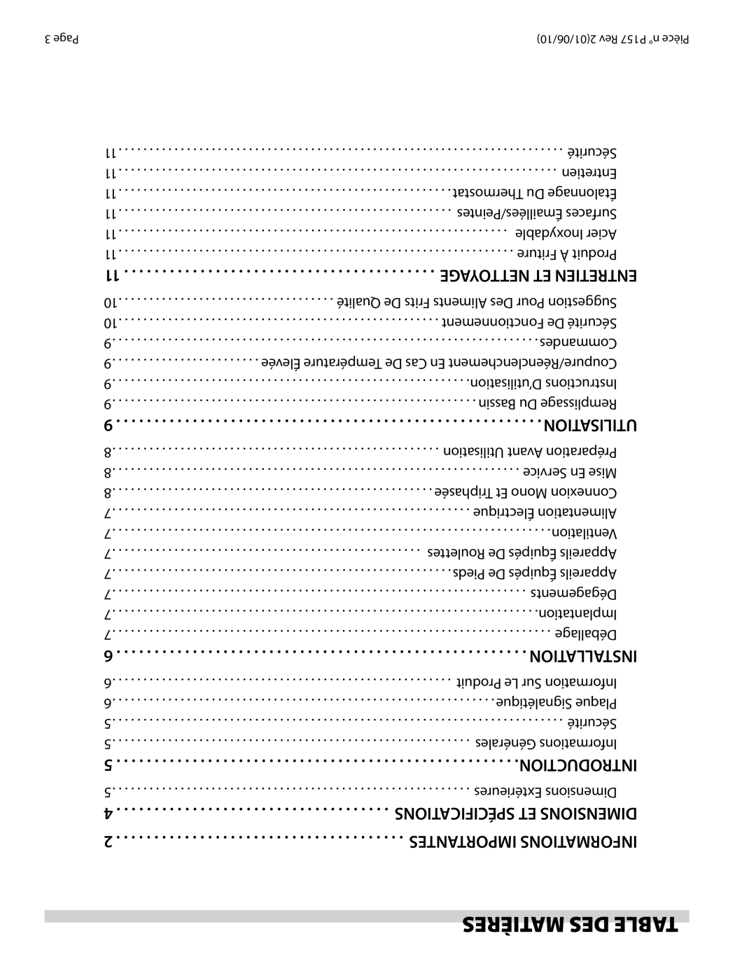 Garland S18SF operation manual Matières DES Table 