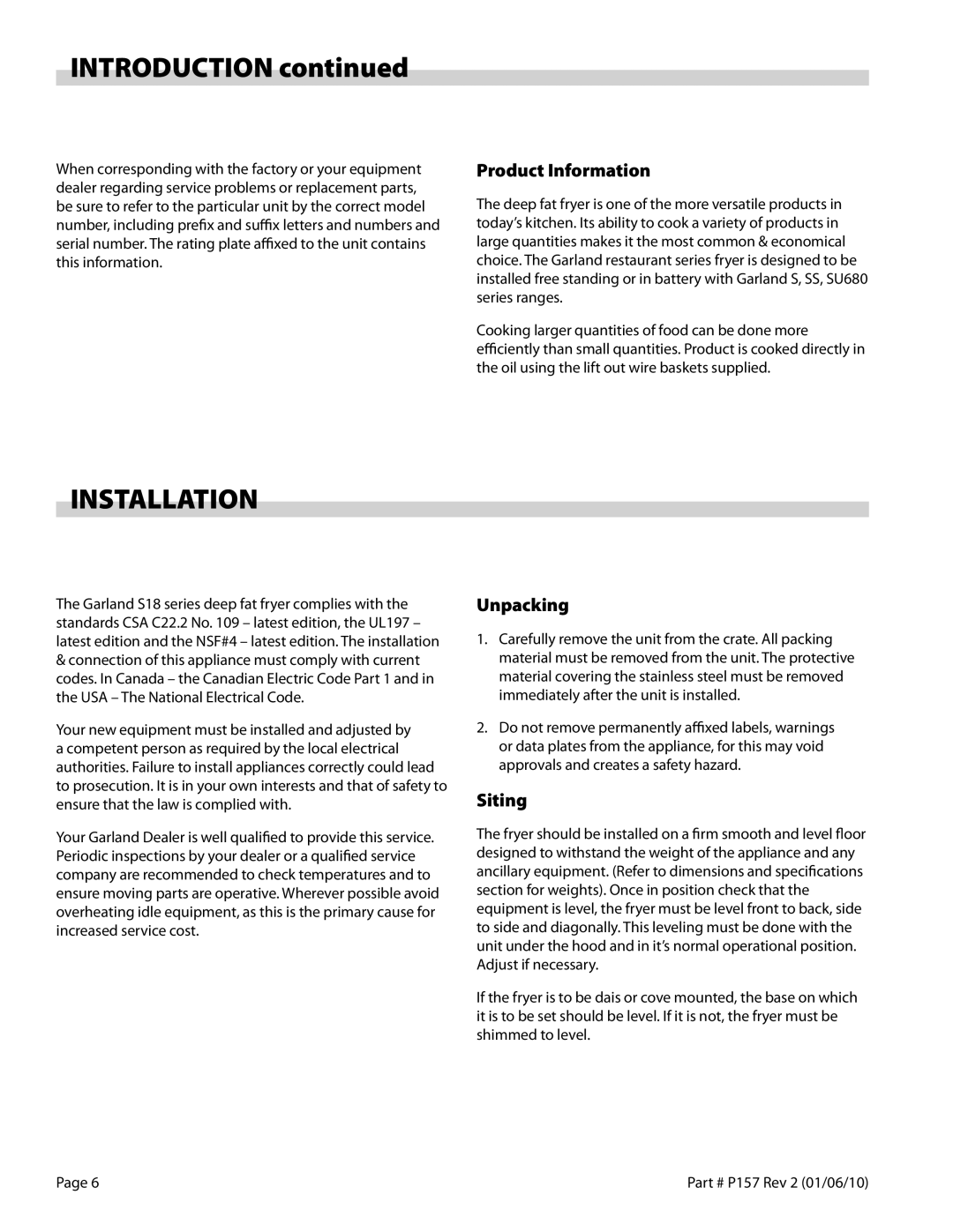 Garland S18SF operation manual Introduction, Installation, Product Information, Unpacking, Siting 