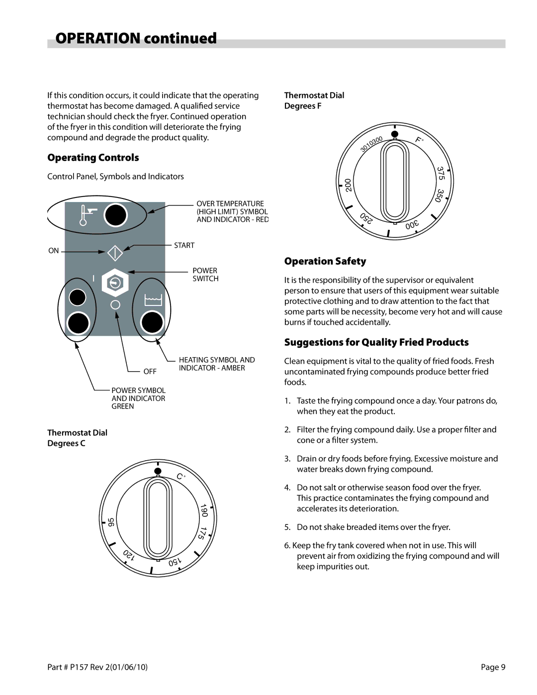 Garland S18SF operation manual Operating Controls, Operation Safety, Suggestions for Quality Fried Products 