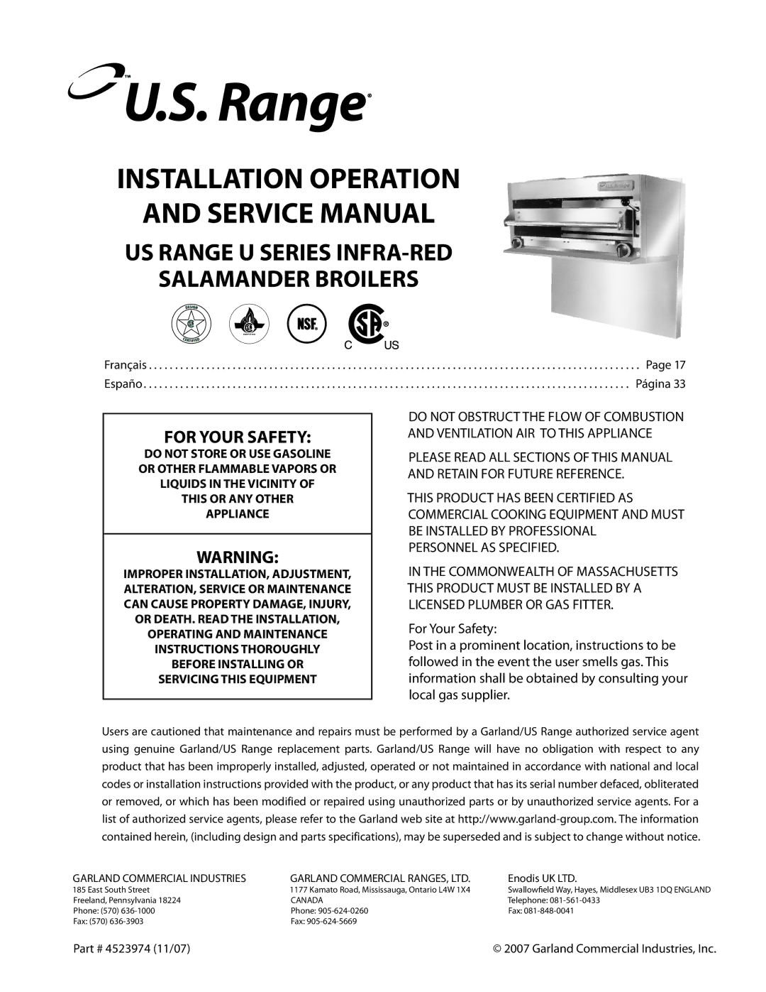 Garland Salamander Broiler service manual Installation Operation, Garland Commercial Industries 