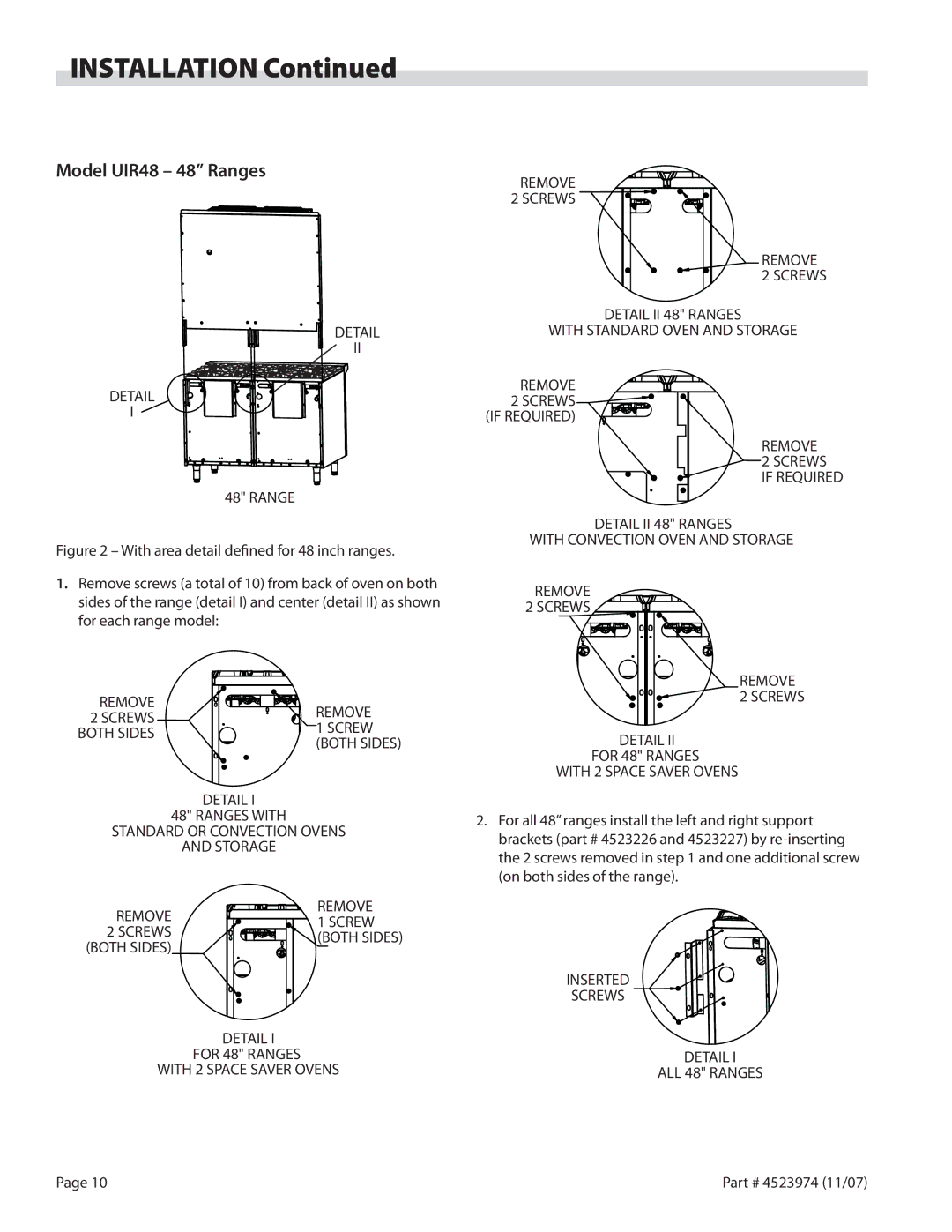 Garland Salamander Broiler service manual Model UIR48 48 Ranges, Detail For 48 Ranges With 2 Space Saver Ovens 