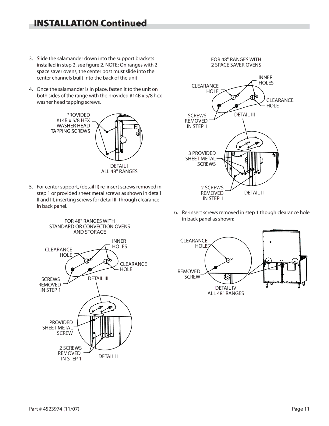 Garland Salamander Broiler service manual Clearance Hole Screws, Step 