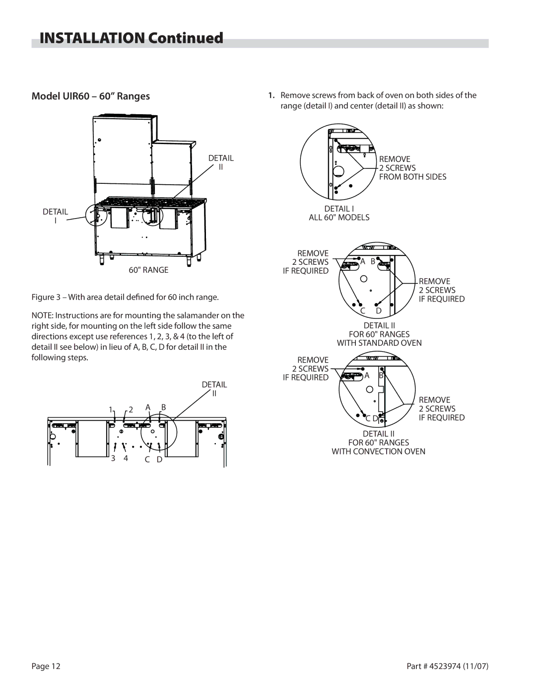 Garland Salamander Broiler service manual Model UIR60 60 Ranges, With area detail defined for 60 inch range 