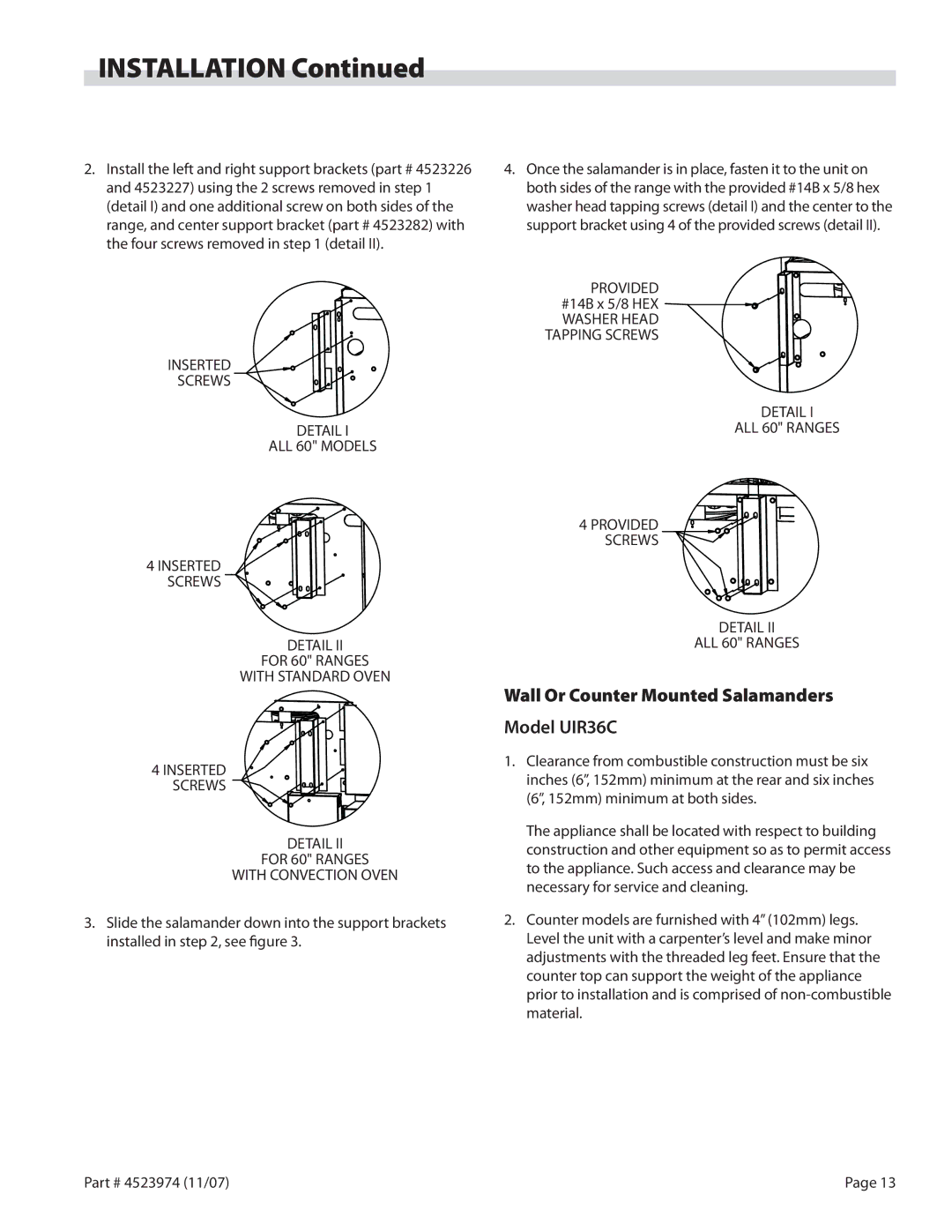 Garland Salamander Broiler service manual Wall Or Counter Mounted Salamanders Model UIR36C 