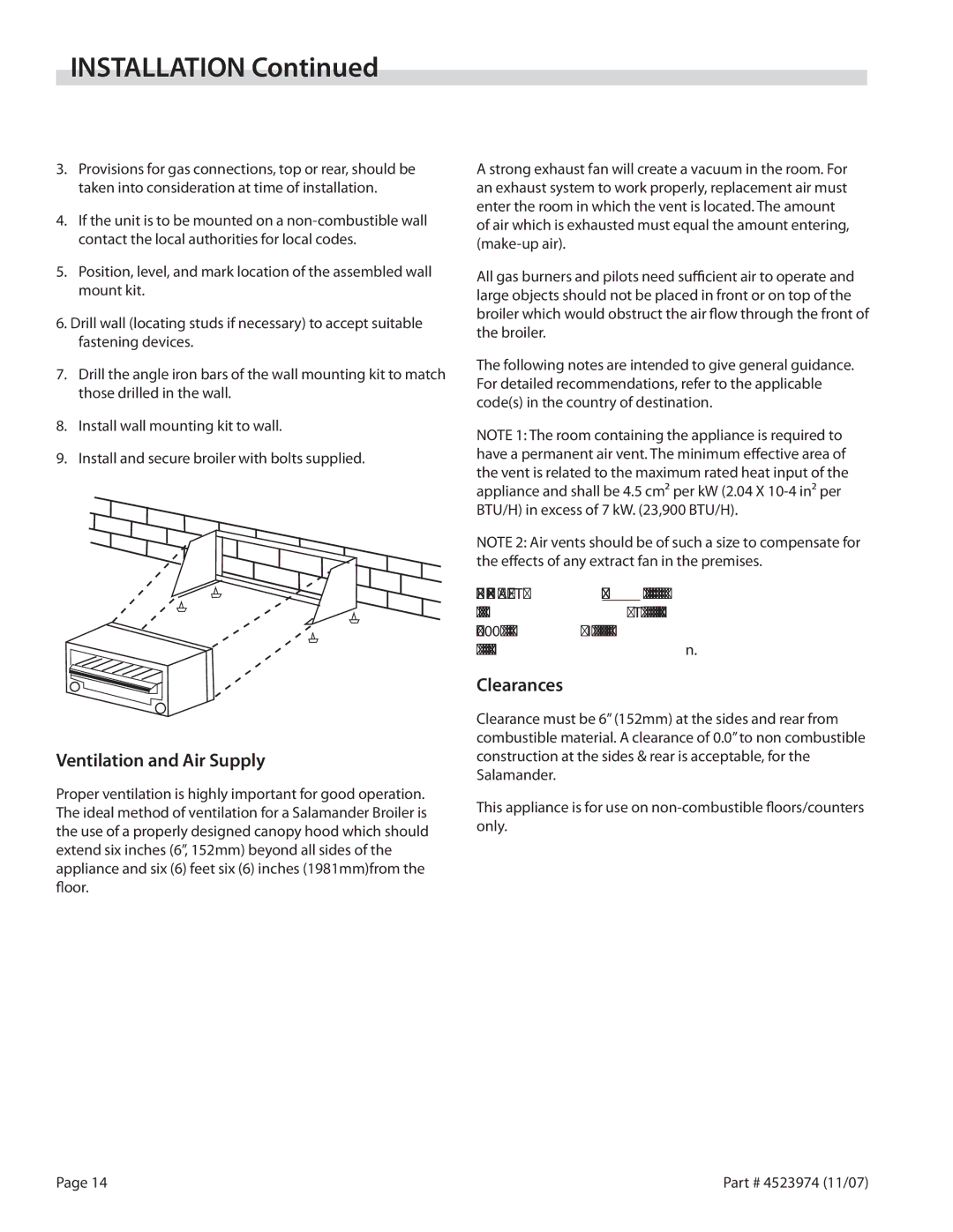 Garland Salamander Broiler service manual Ventilation and Air Supply, Clearances 