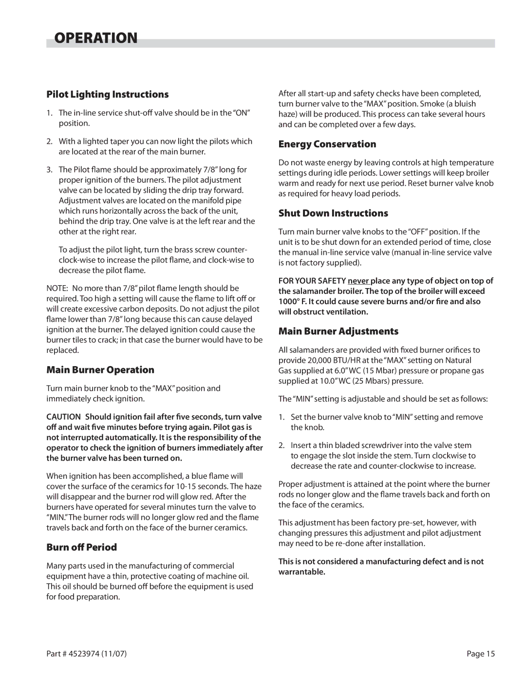 Garland Salamander Broiler service manual Operation 