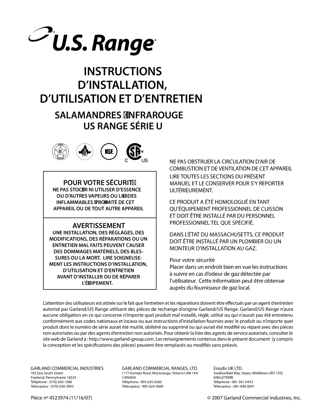 Garland Salamander Broiler service manual Instructions ’INSTALLATION ’UTILISATION ET D’ENTRETIEN 