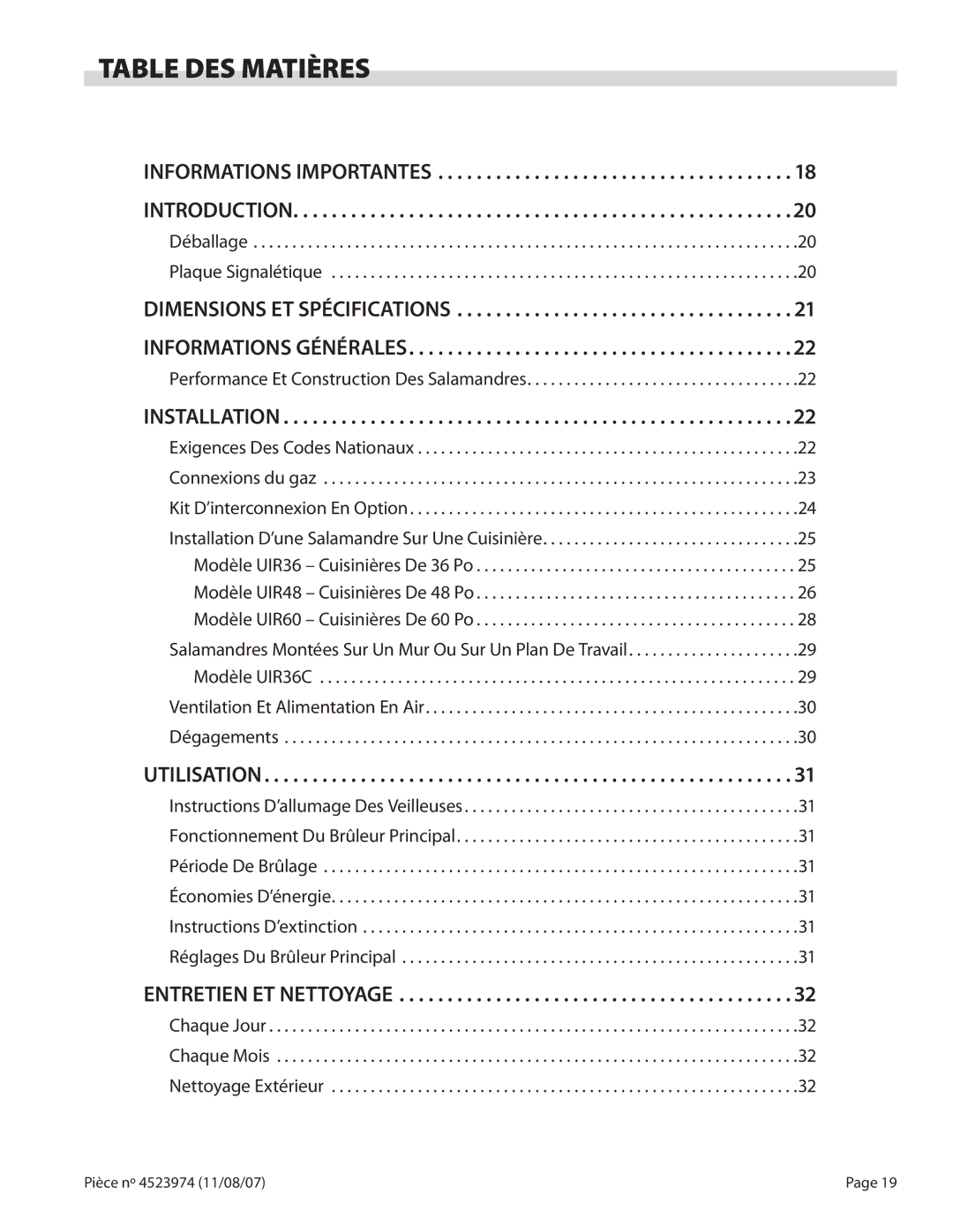 Garland Salamander Broiler service manual Table DES Matières, Informations Importantes Introduction 