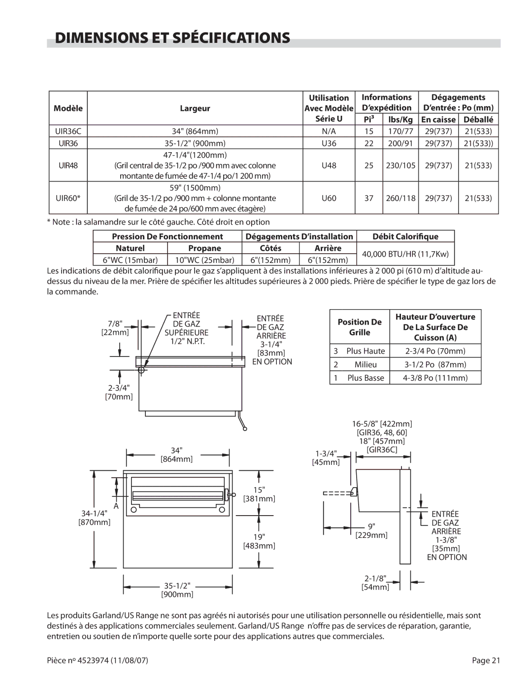 Garland Salamander Broiler service manual Dimensions ET Spécifications, Déballé 