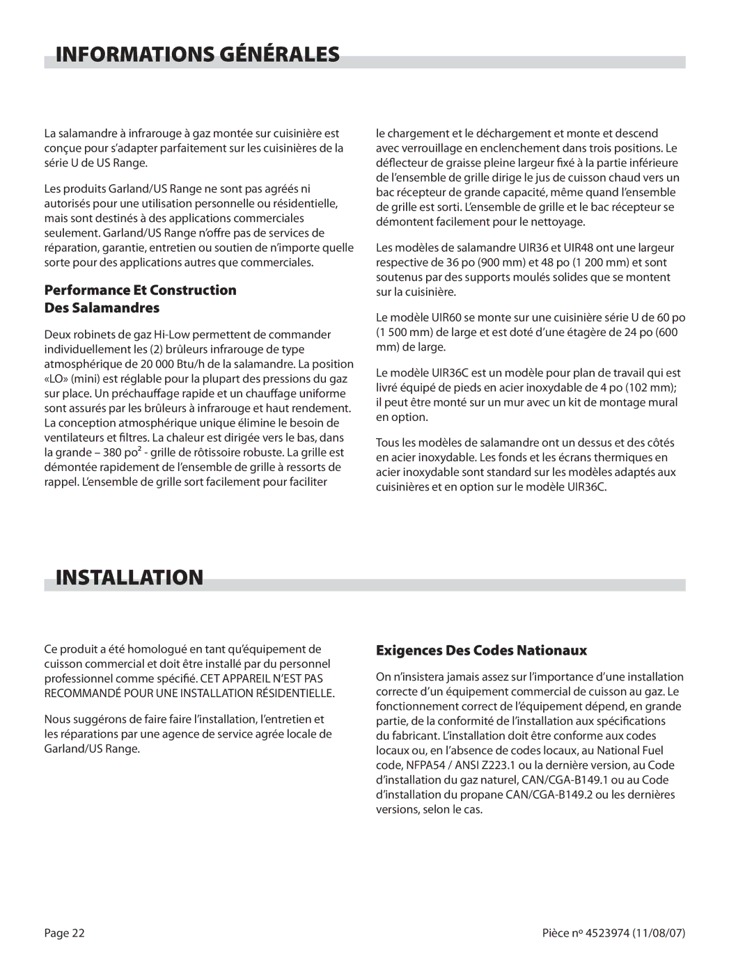 Garland Salamander Broiler service manual Informations Générales, Performance Et Construction Des Salamandres 