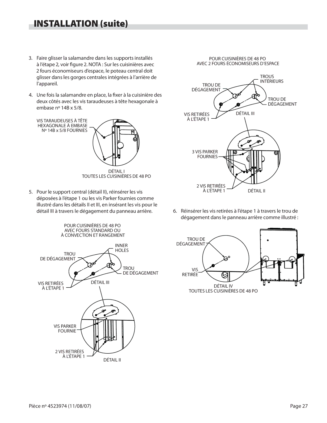 Garland Salamander Broiler Trou DE Trous Intérieurs, Détail Toutes LES Cuisinières DE 48 PO, VIS Parker Fournies, Létape 