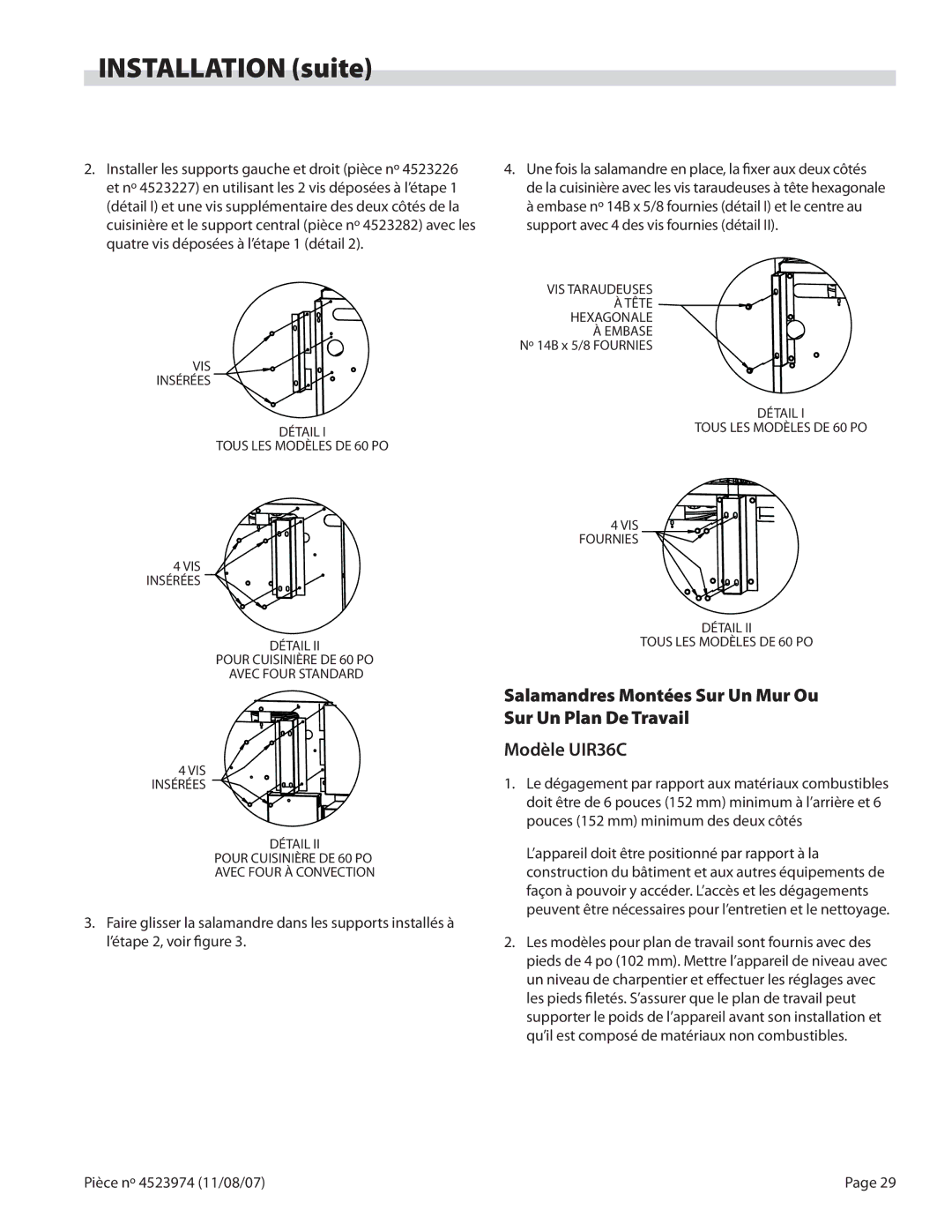 Garland Salamander Broiler service manual VIS Insérées Détail Tous LES Modèles DE 60 PO, VIS Taraudeuses 