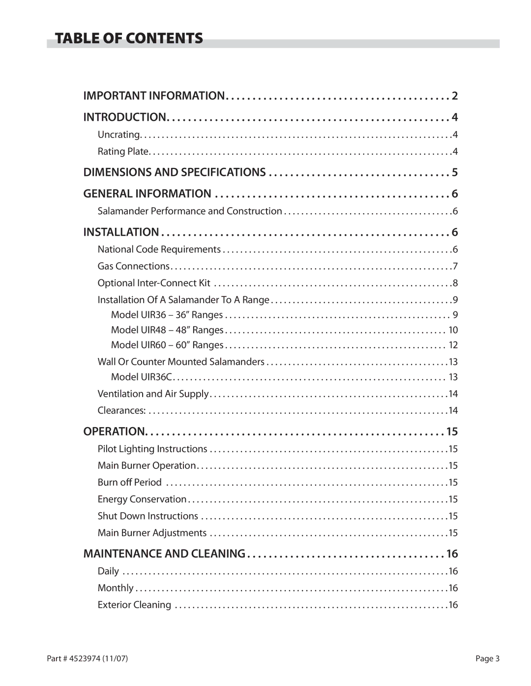 Garland Salamander Broiler service manual Table of Contents 