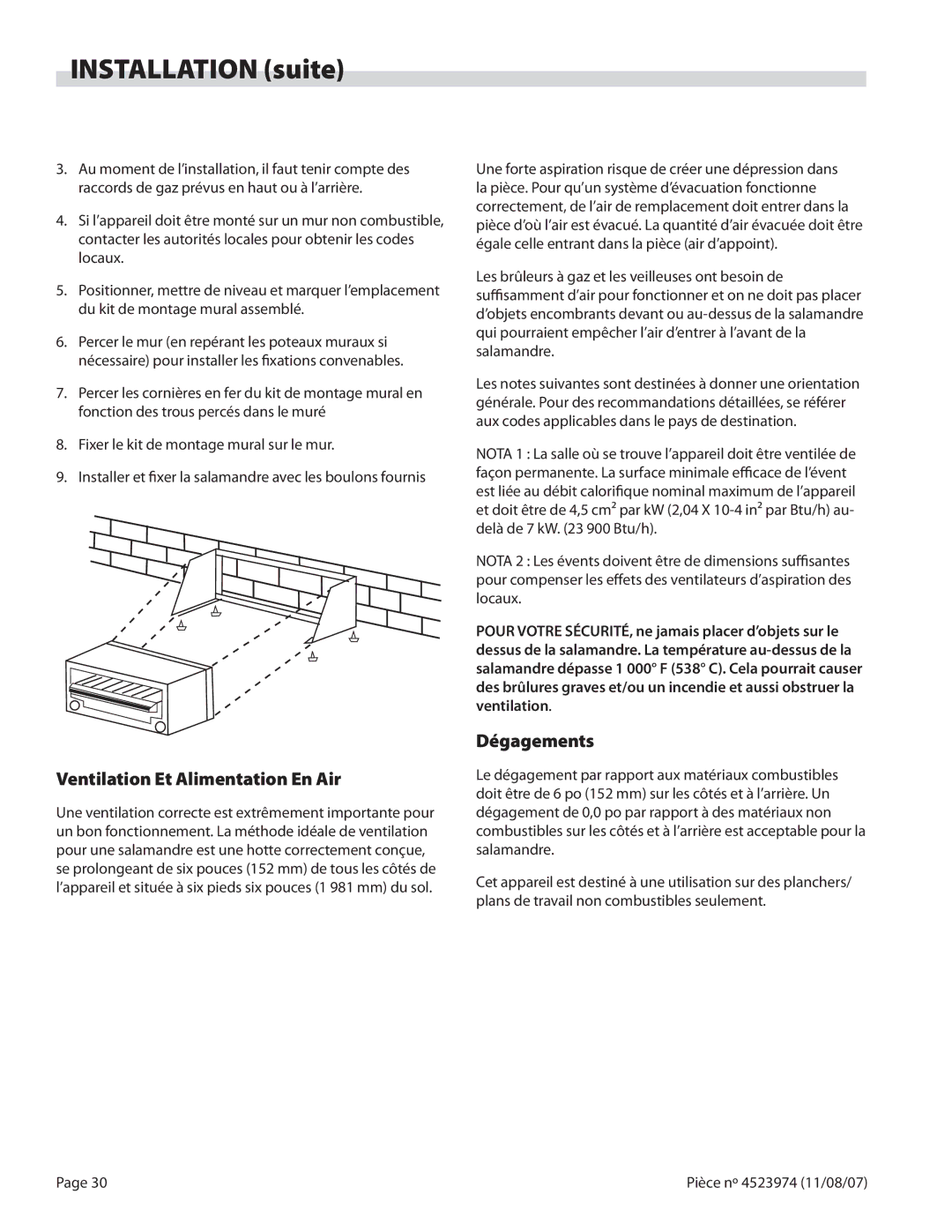 Garland Salamander Broiler service manual Ventilation Et Alimentation En Air, Dégagements 