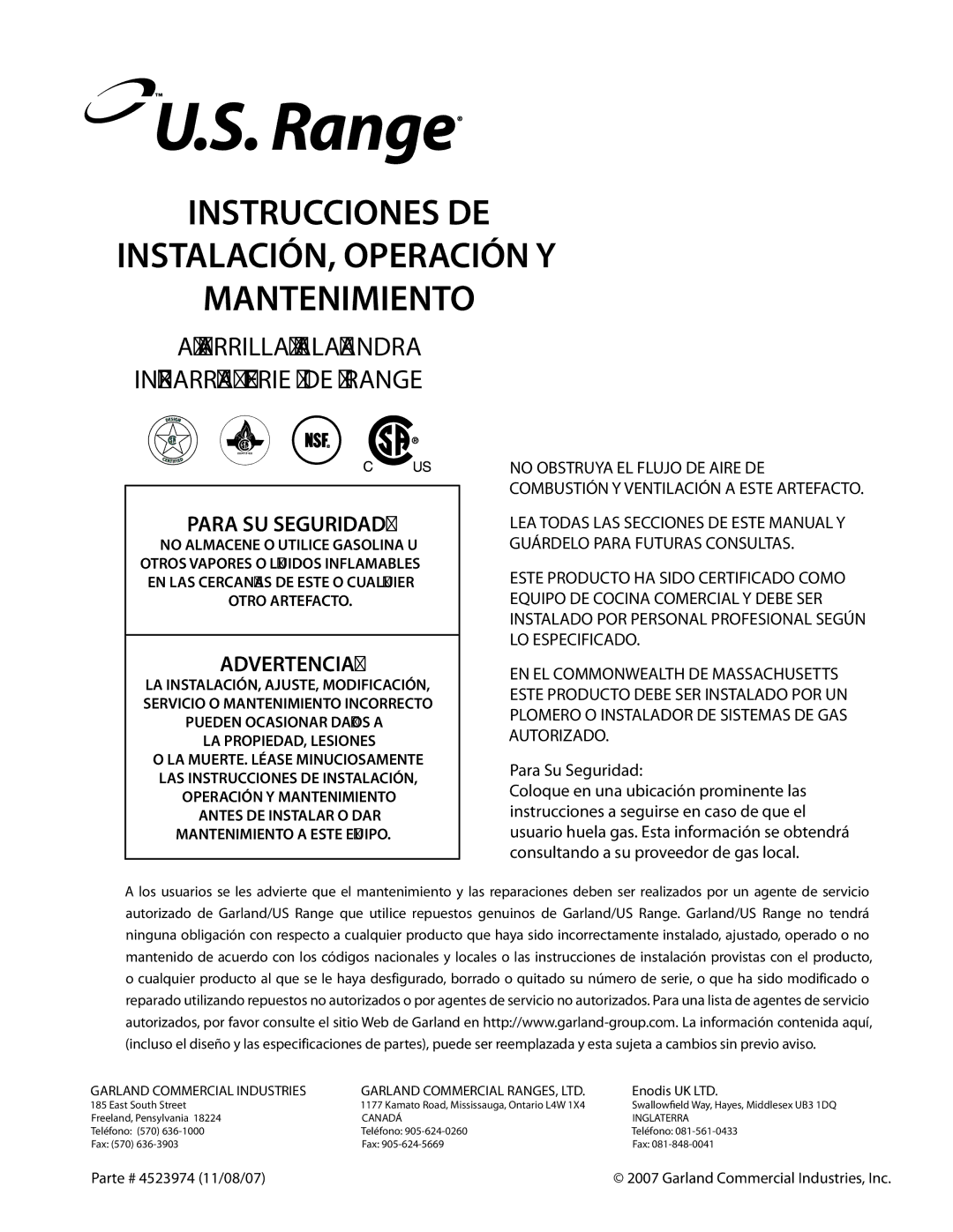 Garland Salamander Broiler service manual Instrucciones DE INSTALACIÓN, Operación Y Mantenimiento 