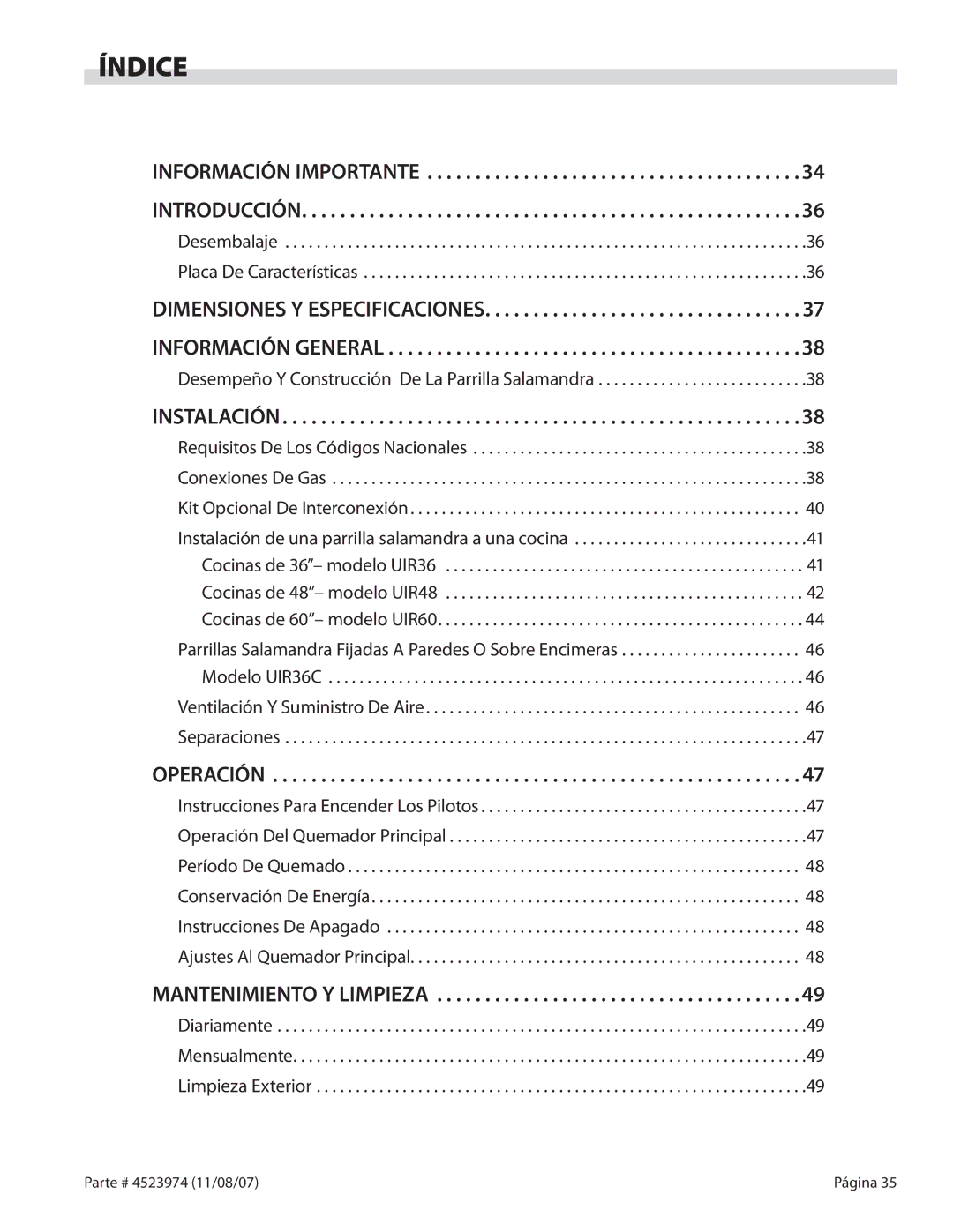 Garland Salamander Broiler Índice, Información Importante Introducción, Dimensiones Y Especificaciones Información General 