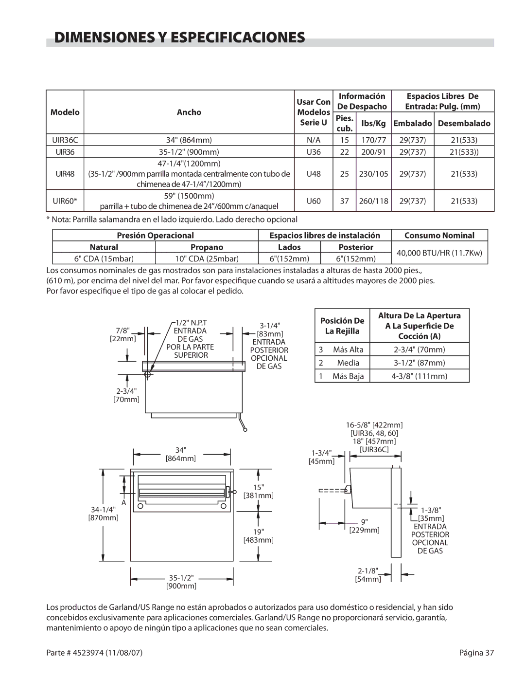 Garland Salamander Broiler service manual Dimensiones Y Especificaciones, Desembalado 