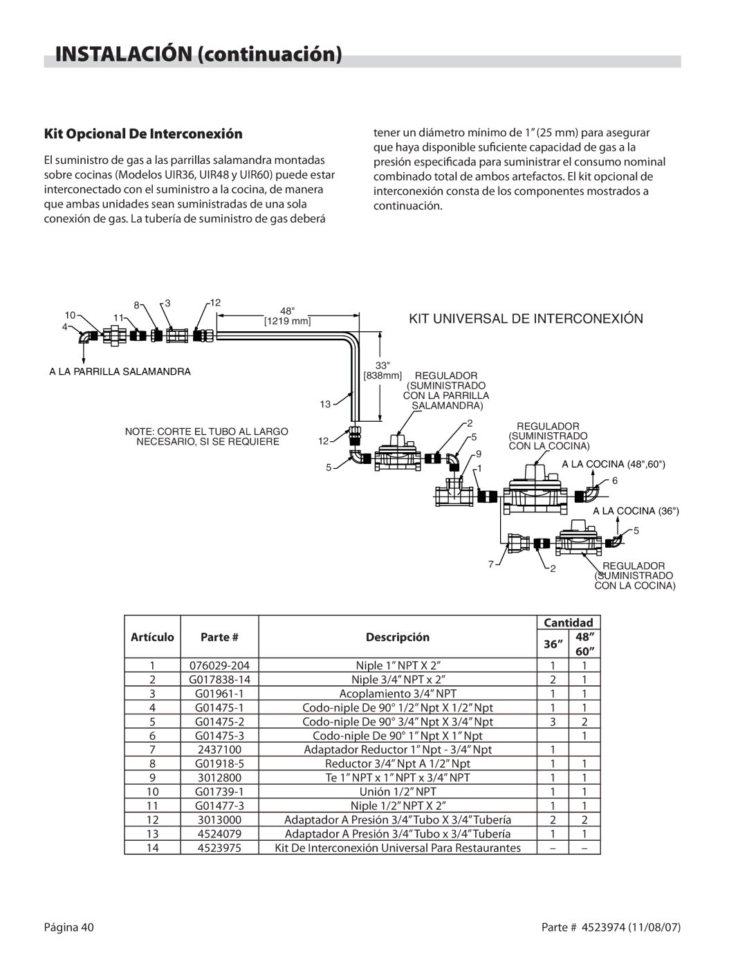 Garland Salamander Broiler service manual Kit Opcional De Interconexión, KIT Universal DE Interconexión 