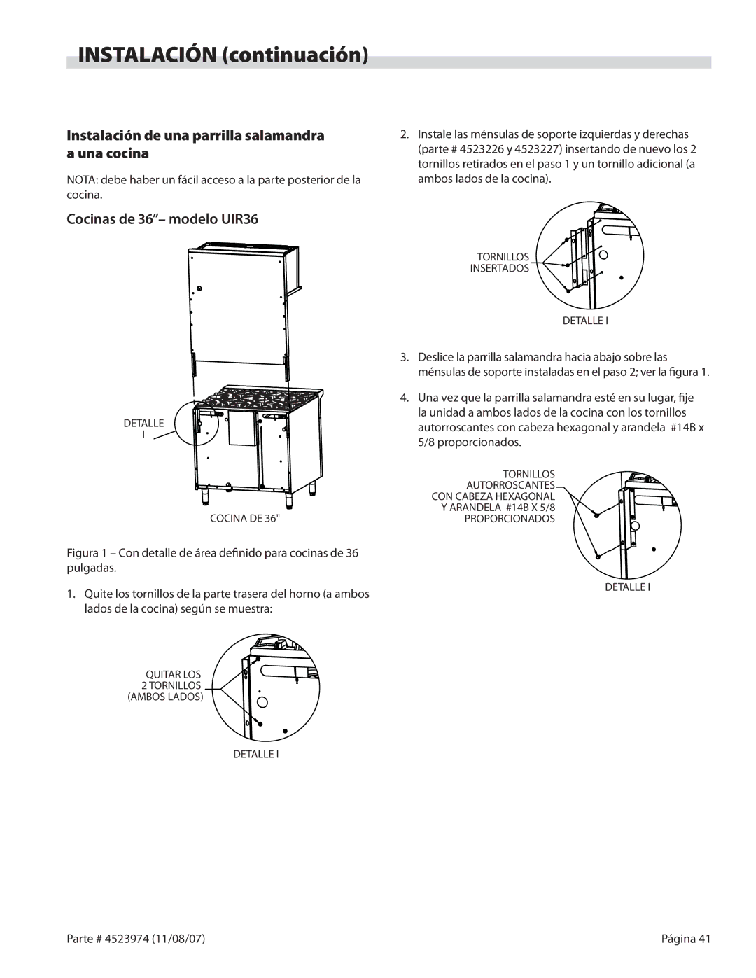 Garland Salamander Broiler service manual Instalación de una parrilla salamandra a una cocina, Cocinas de 36- modelo UIR36 