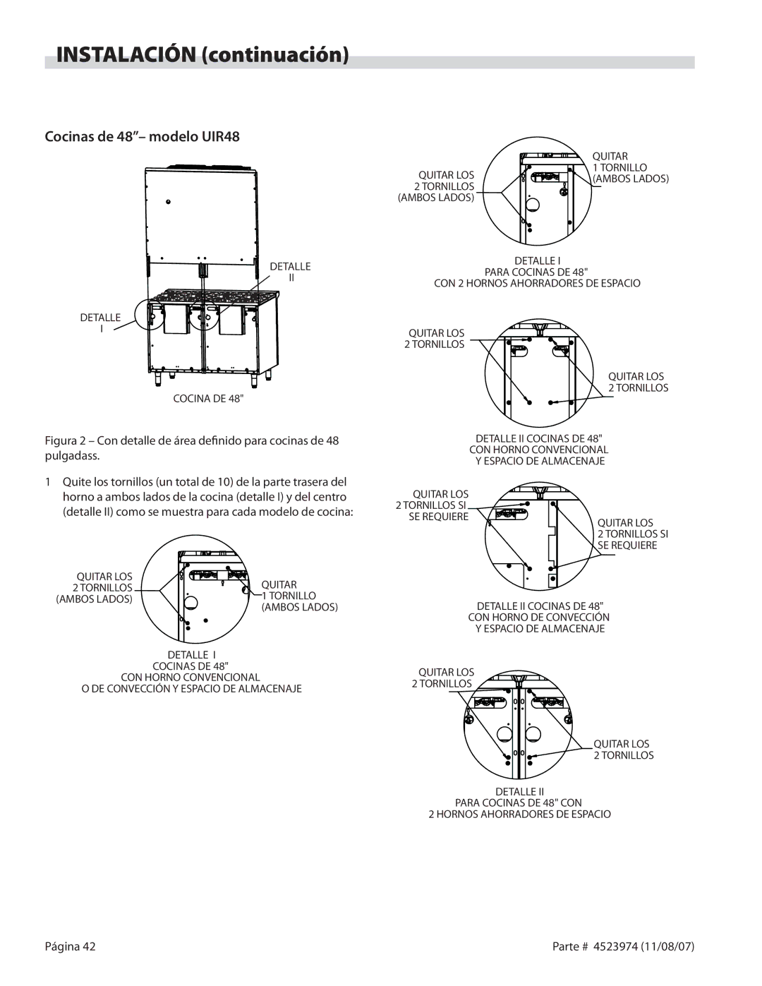 Garland Salamander Broiler service manual Cocinas de 48- modelo UIR48, Quitar LOS Tornillos 