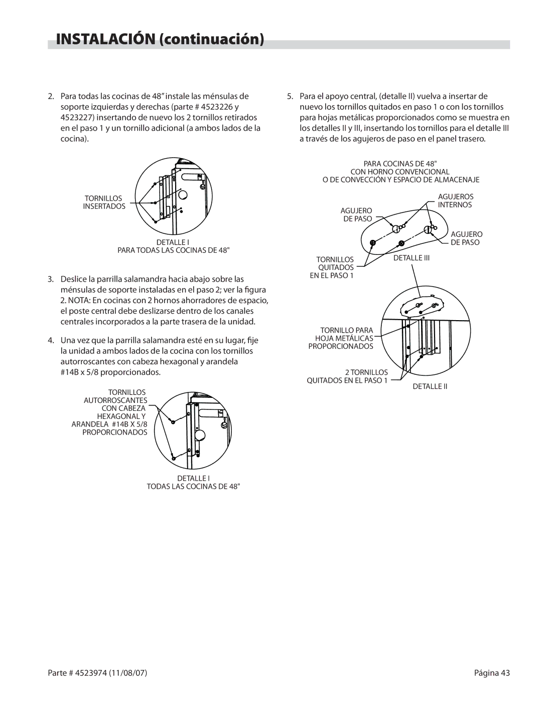 Garland Salamander Broiler service manual Agujero, Detalle Para Todas LAS Cocinas DE, Quitados 