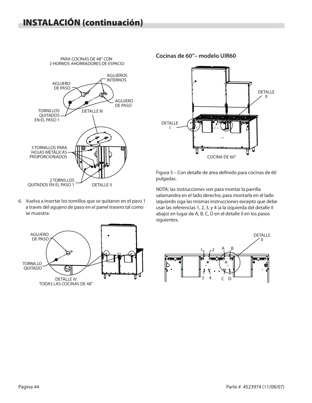 Garland Salamander Broiler service manual Cocinas de 60- modelo UIR60, Para Cocinas DE 48 CON Hornos Ahorradores DE Espacio 