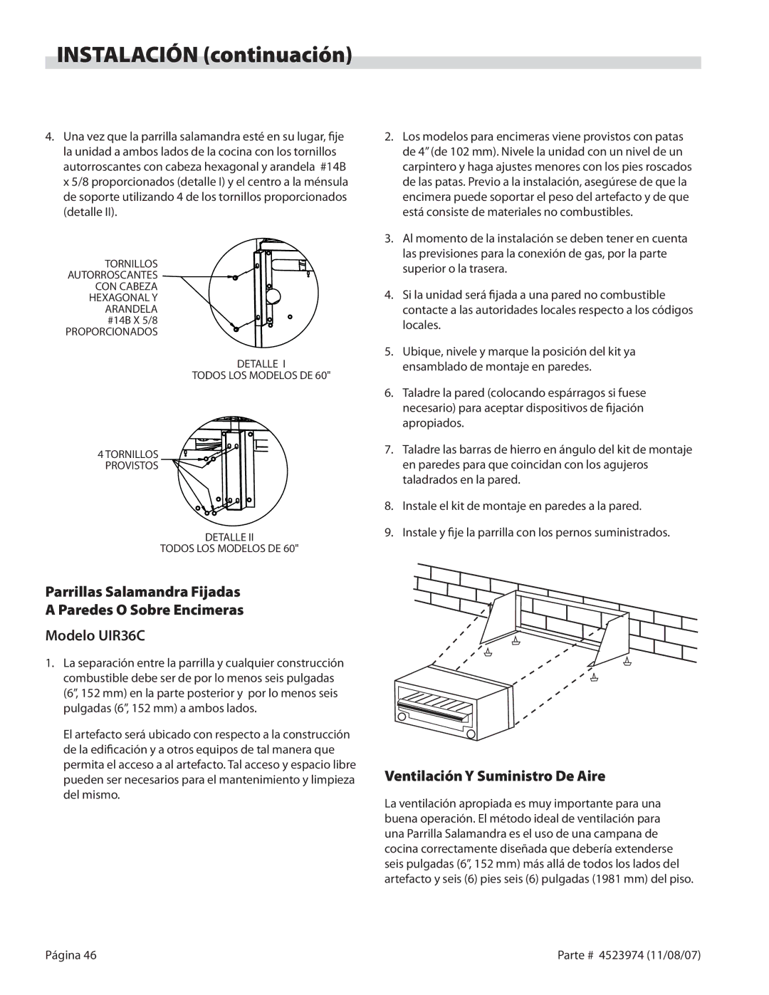 Garland Salamander Broiler service manual Ventilación Y Suministro De Aire, CON Cabeza 