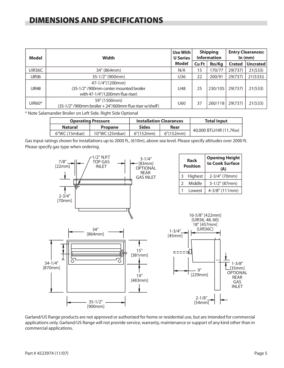 Garland Salamander Broiler service manual Dimensions and Specifications, Information Model Cu Ft Lbs/Kg Crated Uncrated 