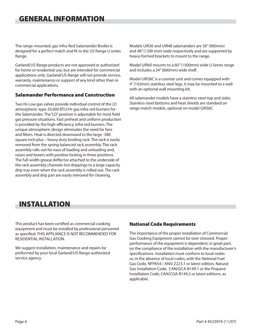 Garland Salamander Broiler service manual General Information, Installation, Salamander Performance and Construction 