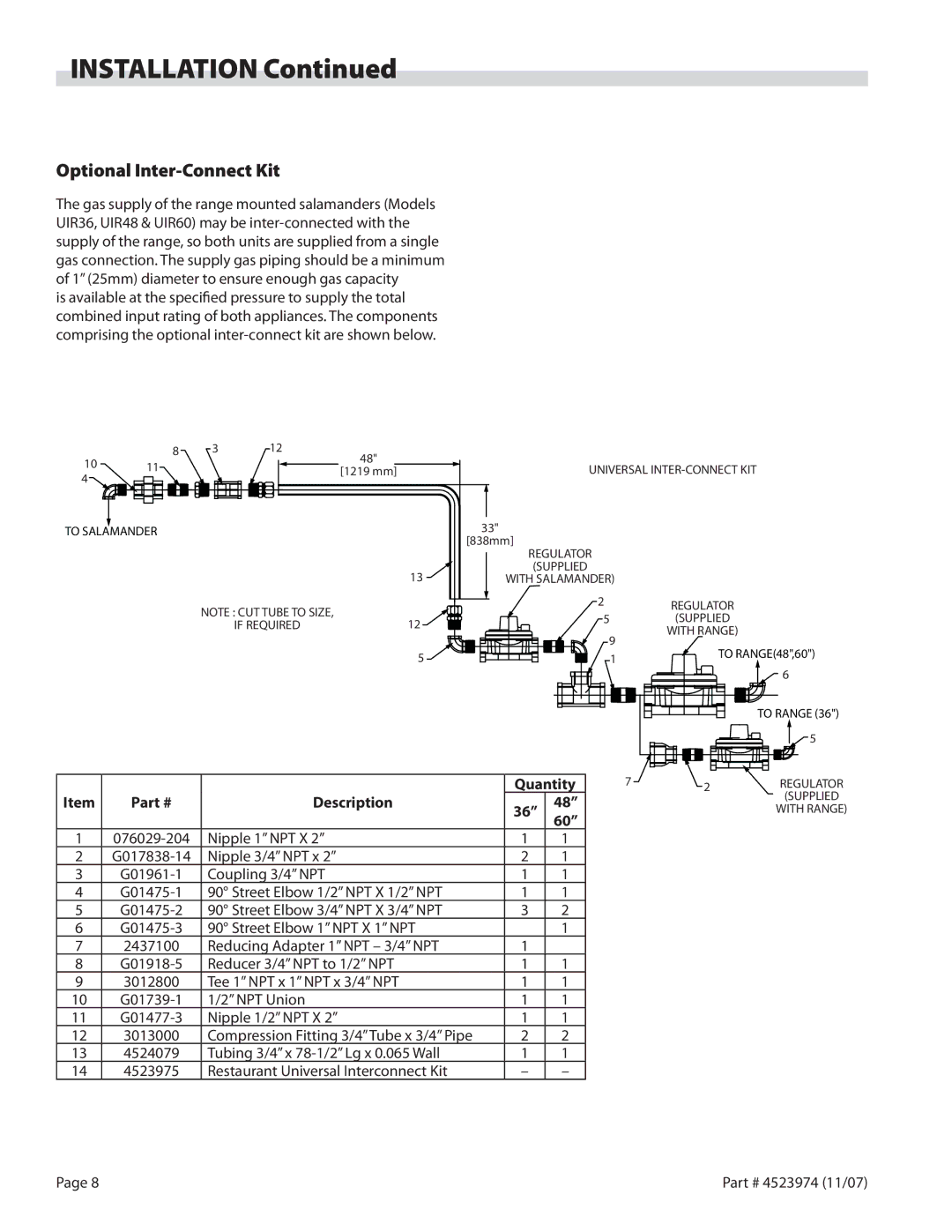 Garland Salamander Broiler service manual Optional Inter-Connect Kit, Universal INTER-CONNECT KIT 