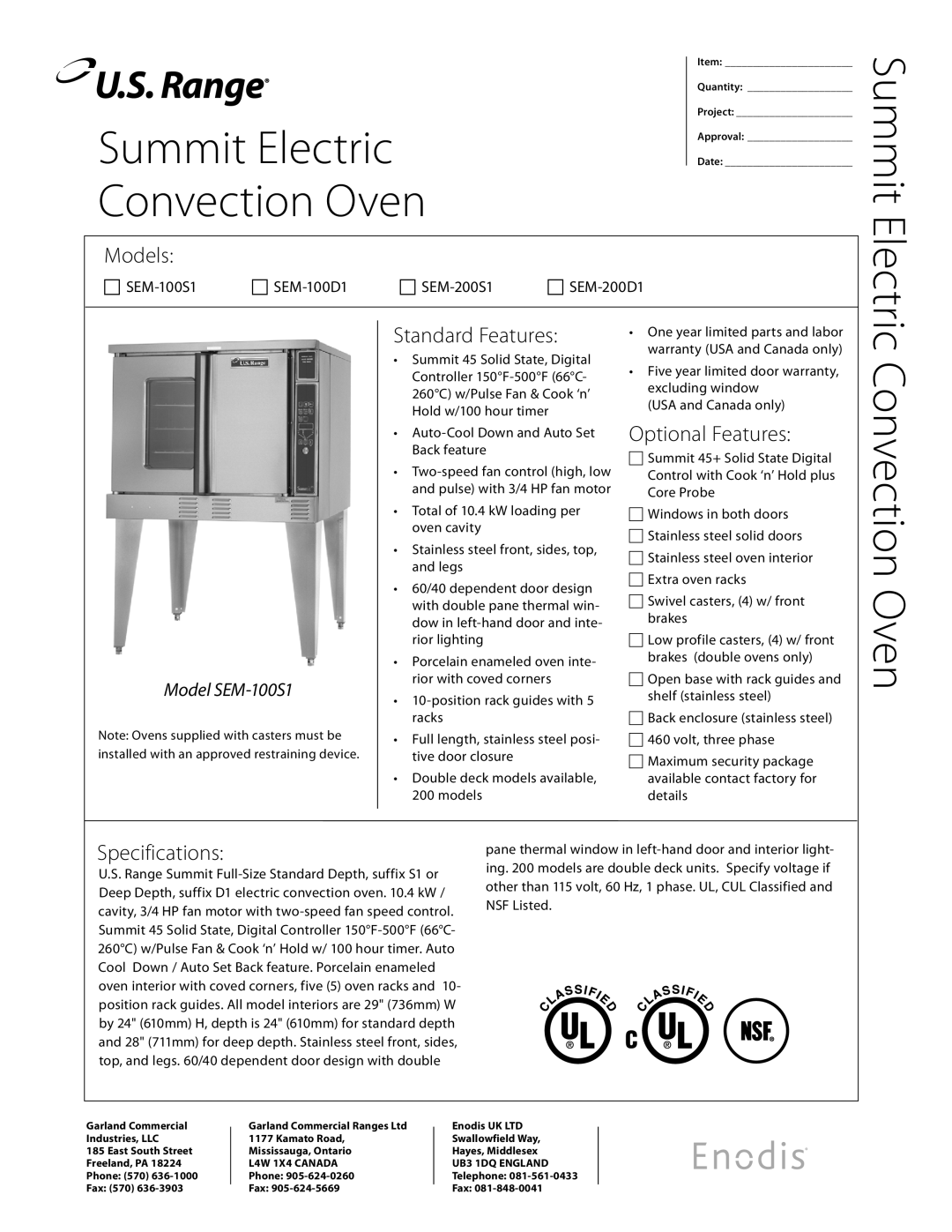 Garland SEM-100S1, SEM-200S1, SEM-100D1, SEM-200D1 specifications Summit Electric, Convection Oven 