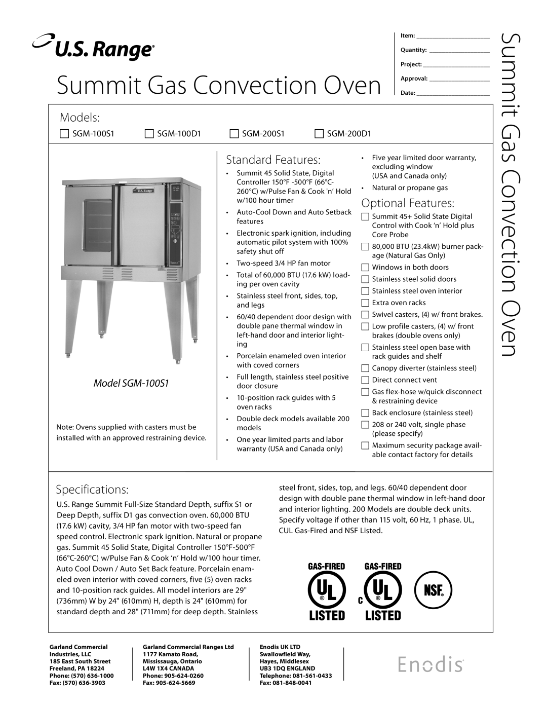 Garland SGM-100S1 specifications Convection Oven, Summit Gas, Models, Standard Features, Optional Features, Specifications 