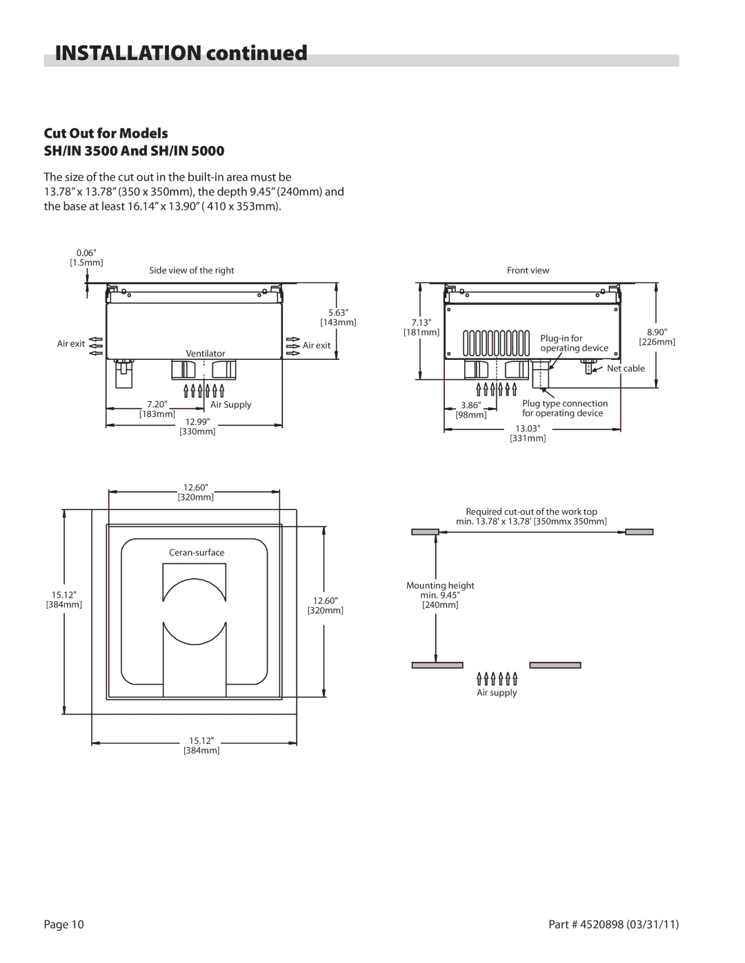 Garland SH/WO/IN 8000, SH/WO/IN 3500, SH/IN 5000, SH/WO/IN 5000, BH/IN 2500 Cut Out for Models SH/IN 3500 And SH/IN 