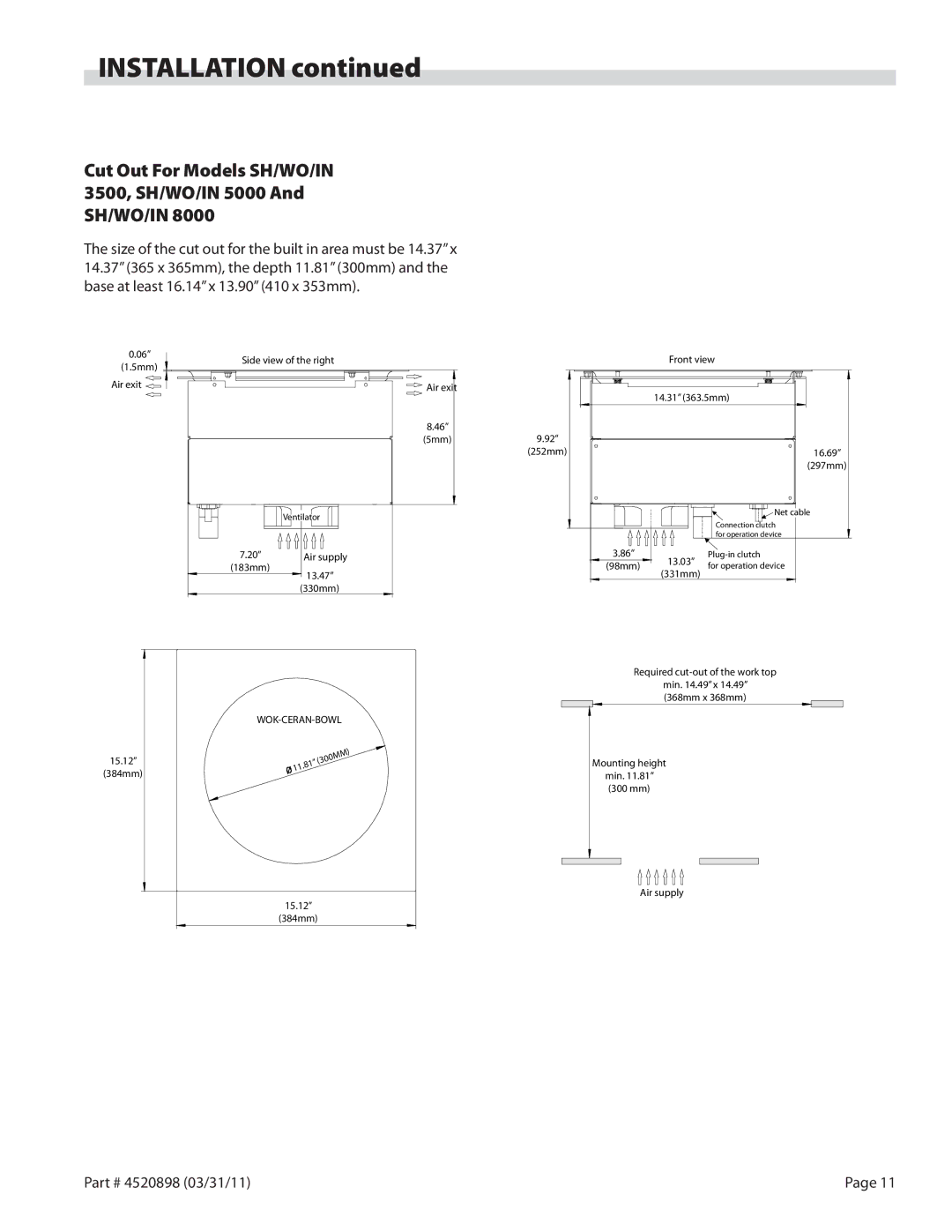 Garland BH/IN 2500, SH/IN 5000, SH/IN 3500, SH/WO/IN 8000 Cut Out For Models SH/WO/IN 3500, SH/WO/IN 5000, 16.69 