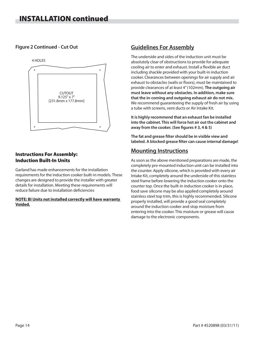 Garland SH/WO/IN 5000, SH/WO/IN 3500, SH/IN 5000, SH/IN 3500 Cut Out, Instructions For Assembly Induction Built-In Units 