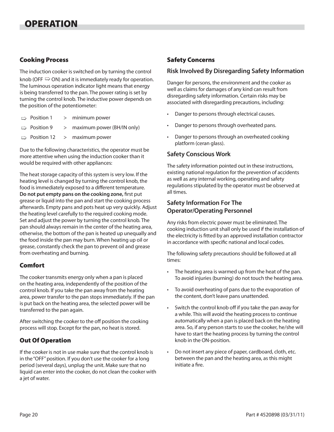 Garland SH/WO/IN 5000 Cooking Process, Comfort, Out Of Operation, Safety Information For Operator/Operating Personnel 