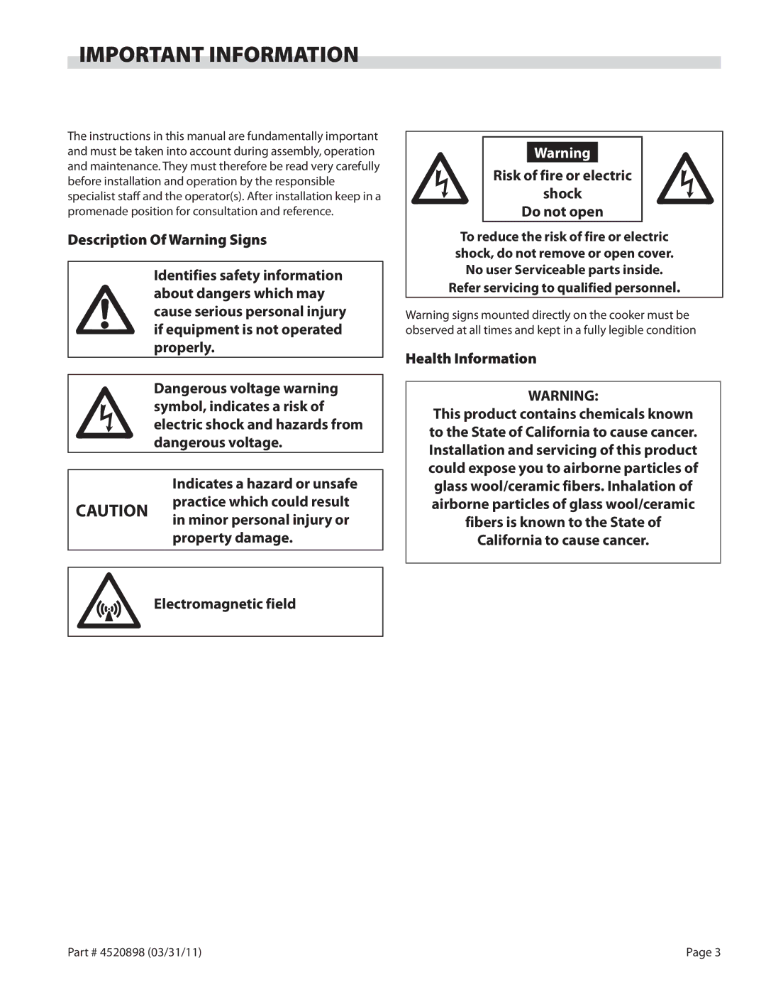 Garland SH/IN 3500 Important Information, Health Information, Fibers is known to the State California to cause cancer 