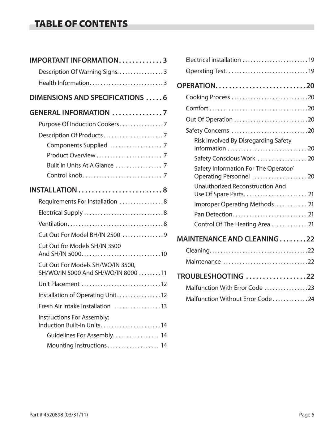 Garland BH/IN 2500, SH/WO/IN 3500, SH/IN 5000, SH/WO/IN 5000, SH/IN 3500, SH/WO/IN 8000 operation manual Table of Contents 