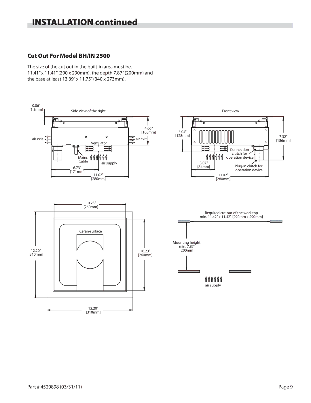 Garland SH/IN 3500, SH/WO/IN 3500, SH/IN 5000, SH/WO/IN 5000, SH/WO/IN 8000, BH/IN 2500 Installation, Cut Out For Model BH/IN 