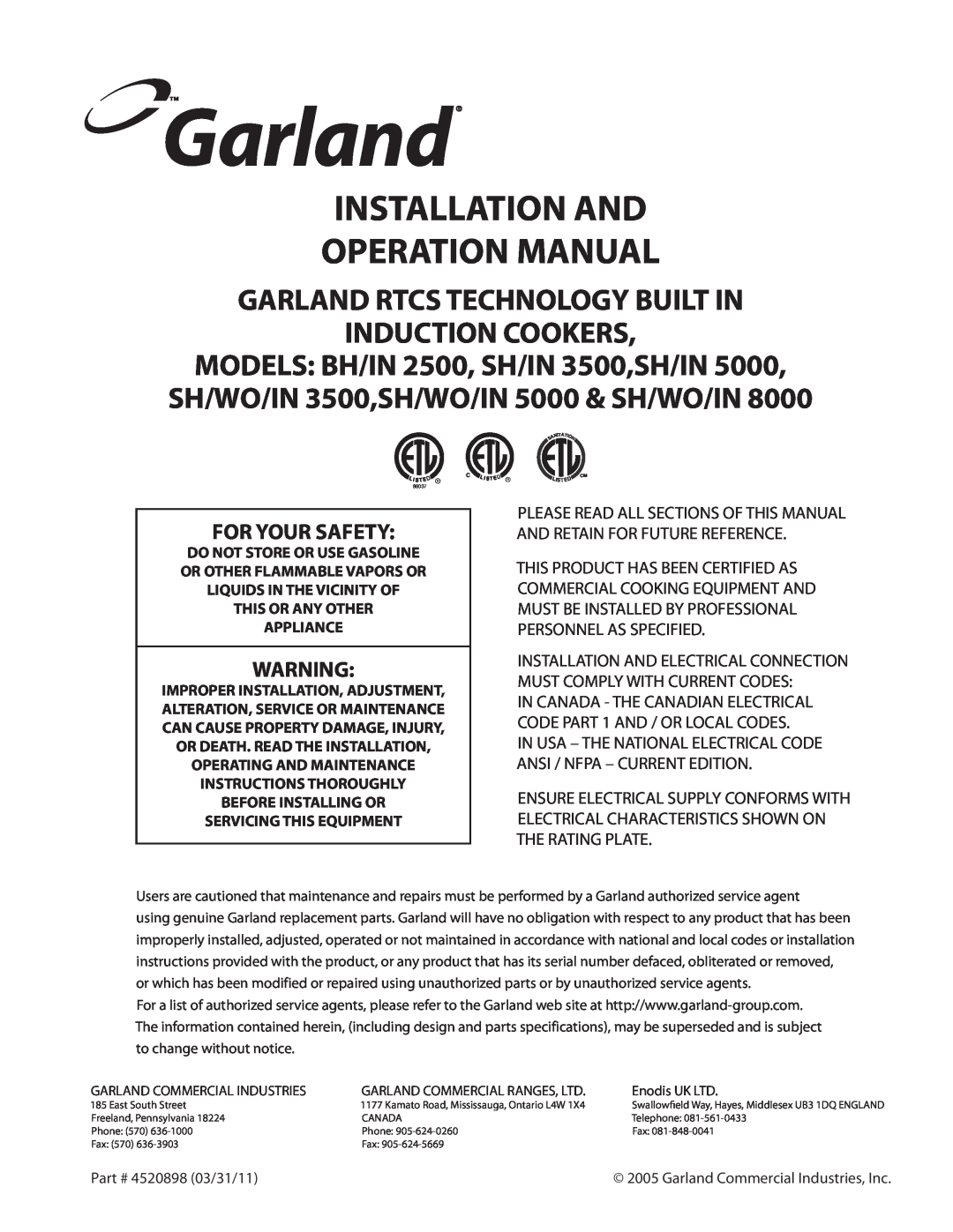 Garland SH/IN 5000 operation manual For Your Safety, Installation And Operation Manual, This Or Any Other Appliance 