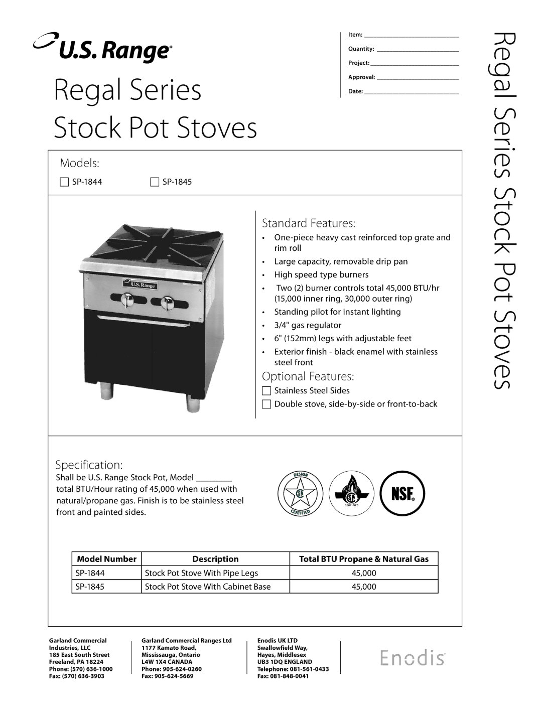 Garland SP-1845 specifications Regal Series Stock Pot Stoves, Standard Features, Optional Features, Specification 