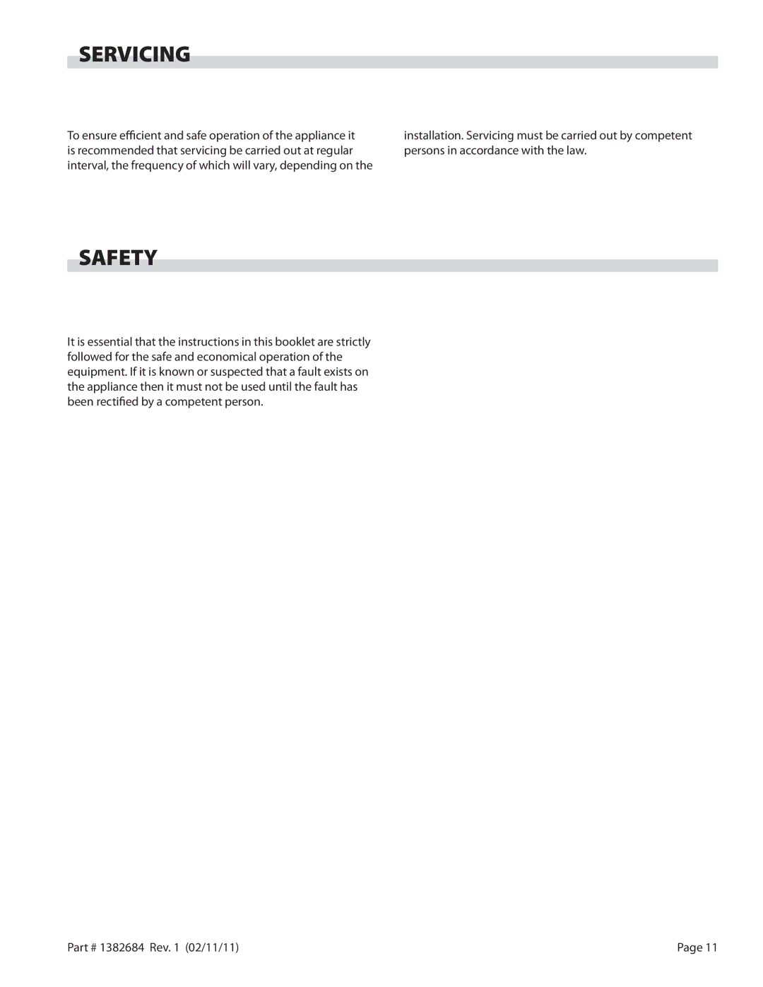 Garland SRC, SR16 operation manual Servicing, Safety 