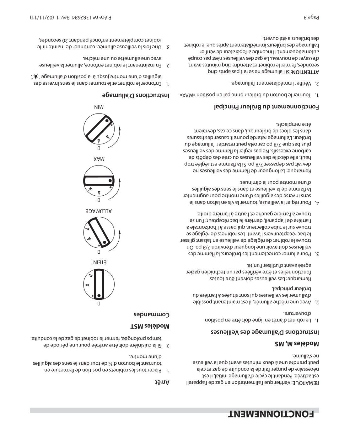 Garland SRC, SR16 operation manual ’allumage Instructions, Principal Brûleur du Fonctionnement 