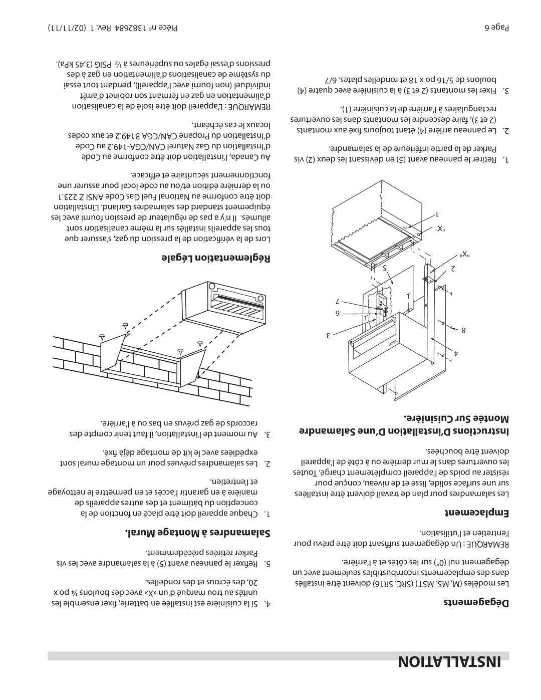 Garland SRC, SR16 operation manual Installation, Légale Réglementation, Emplacement, Dégagements, ’entretien et 