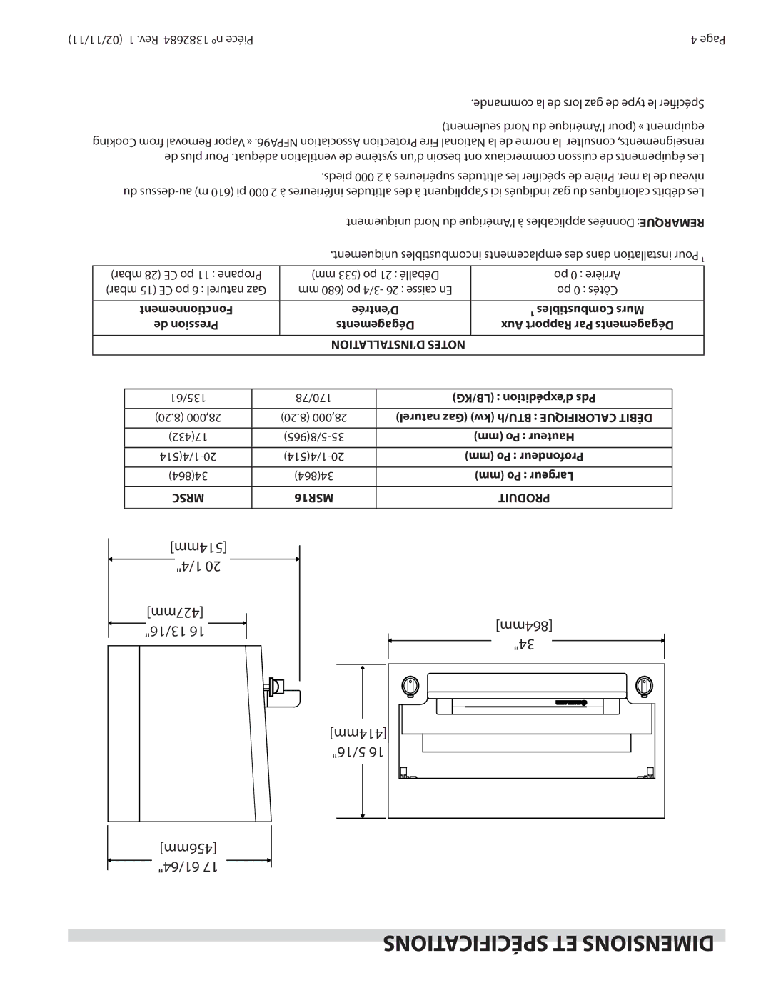 Garland SRC, SR16 Spécifications ET Dimensions, Mbar 28 CE po 11 Propane Mm 533 po 21 Déballé Po 0 Arrière, Po 0 Côtés 