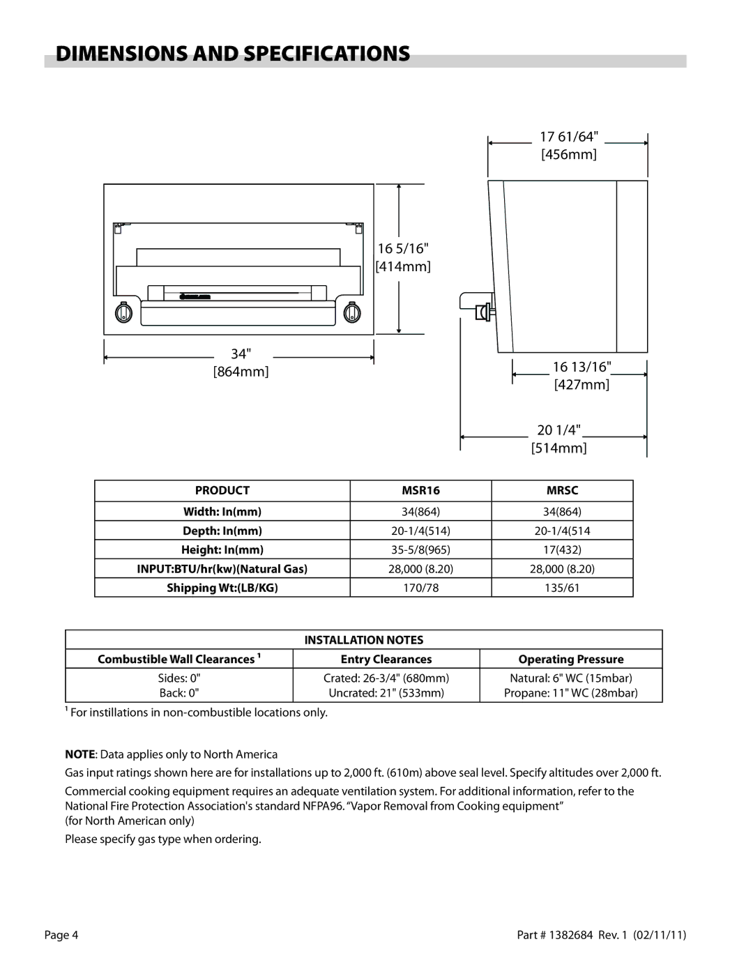 Garland SRC operation manual Dimensions and Specifications, Product MSR16 Mrsc 