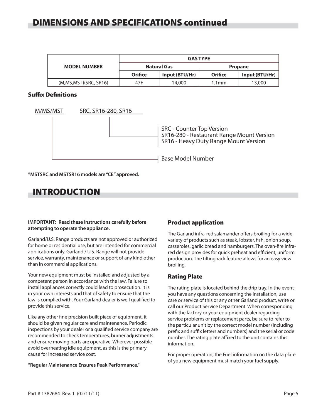 Garland SRC, SR16 operation manual Introduction, Suffix Definitions, Product application, Rating Plate 