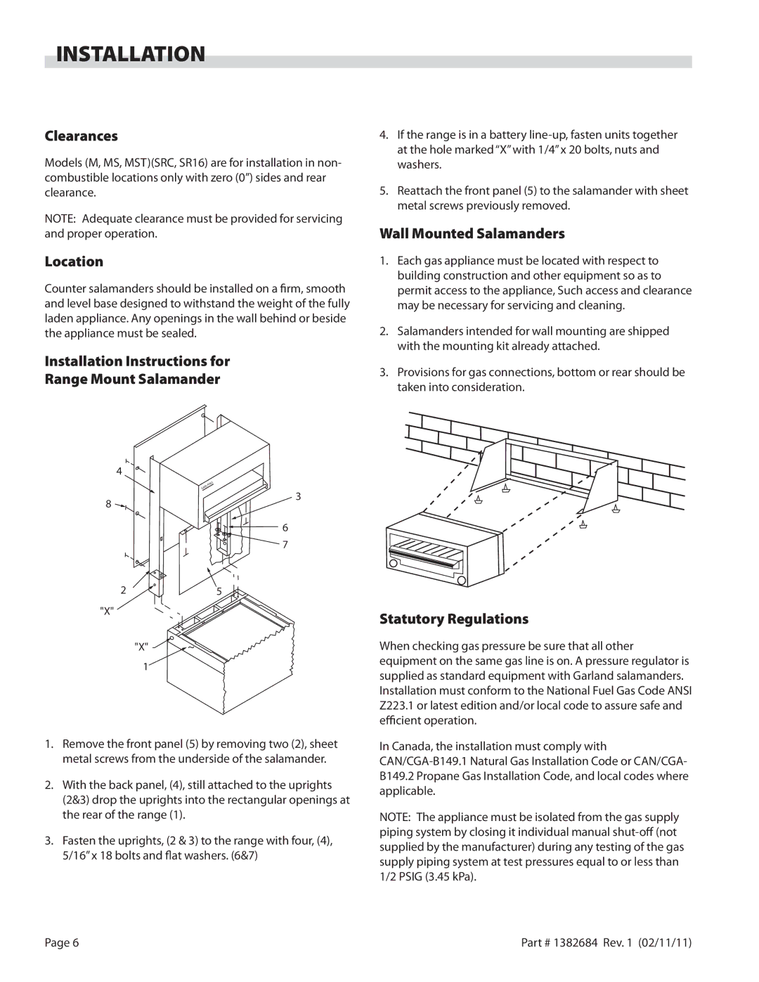 Garland SR16, SRC operation manual Installation 