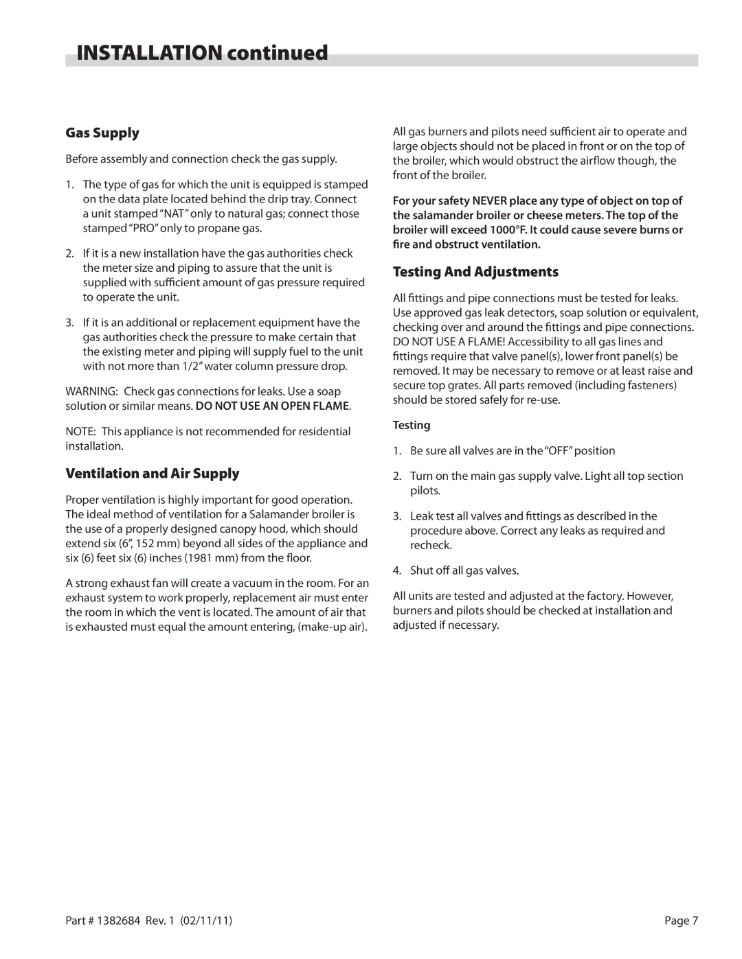 Garland SRC, SR16 operation manual Gas Supply, Ventilation and Air Supply, Testing And Adjustments 